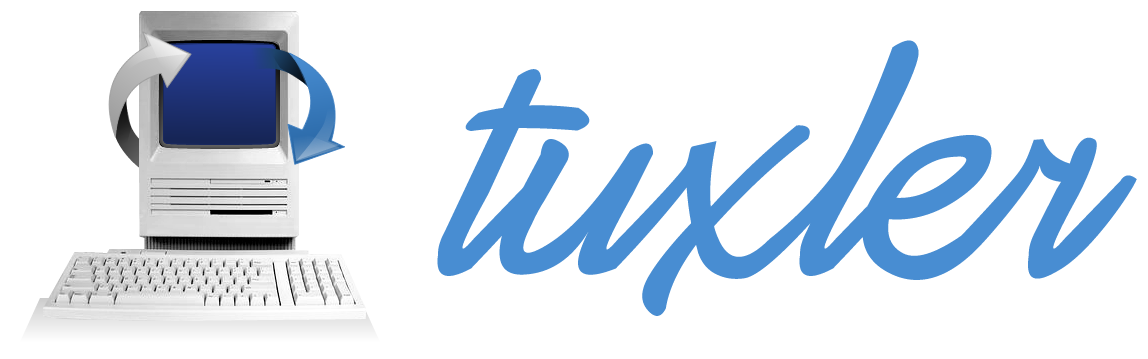 Early Tuxler brand identity featuring a classic Macintosh and blue handwritten Tuxler wordmark